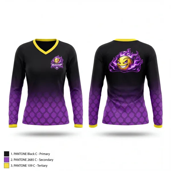 Womens Long Sleeve Vneck Shirt, Purple Havoc, Softball, Teamtime, Team time, sublimation, custom sports apparel, team uniforms, spirit wear, spiritwear, sports uniforms, custom shirts, team store, custom team store, fundraiser sports, apparel fundraiser