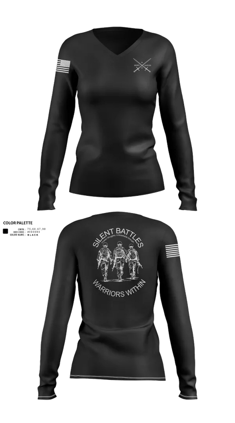 Womens Long Sleeve Vneck Shirt, Silent Battles, , Teamtime, Team time, sublimation, custom sports apparel, team uniforms, spirit wear, spiritwear, sports uniforms, custom shirts, team store, custom team store, fundraiser sports, apparel fundraiser