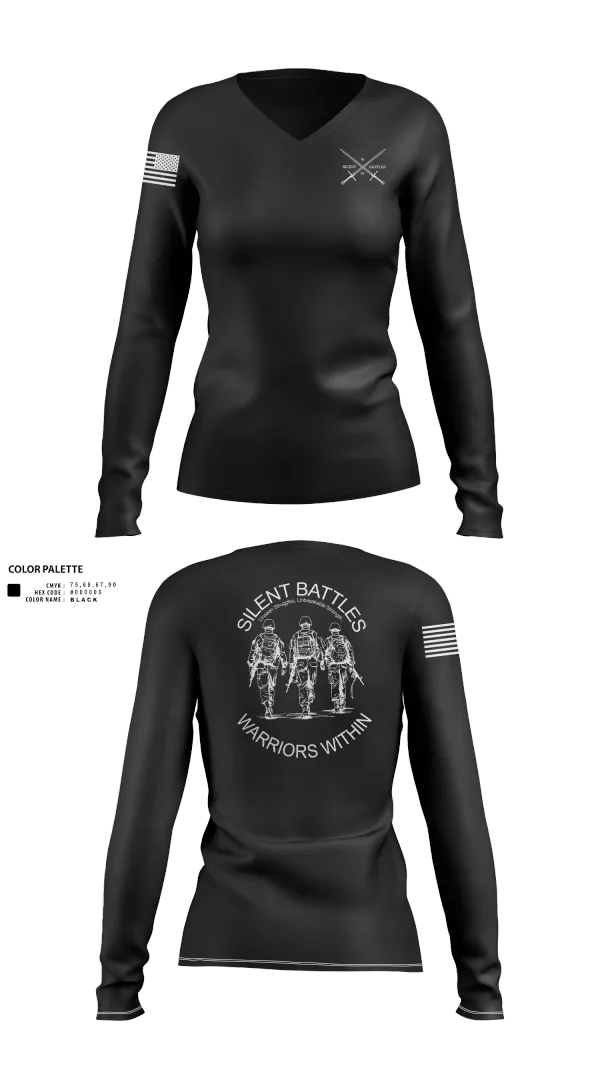 Womens Long Sleeve Vneck Shirt, Silent Battles, , Teamtime, Team time, sublimation, custom sports apparel, team uniforms, spirit wear, spiritwear, sports uniforms, custom shirts, team store, custom team store, fundraiser sports, apparel fundraiser
