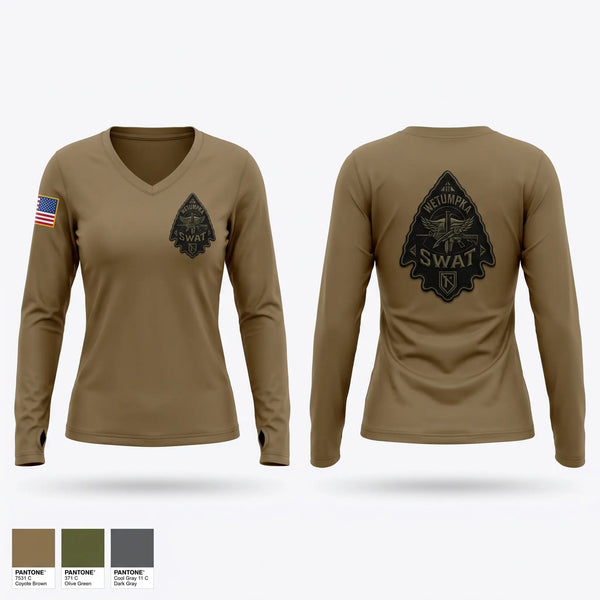 Womens Long Sleeve Vneck Shirt, Wetumpka SWAT, Police, Teamtime, Team time, sublimation, custom sports apparel, team uniforms, spirit wear, spiritwear, sports uniforms, custom shirts, team store, custom team store, fundraiser sports, apparel fundraiser