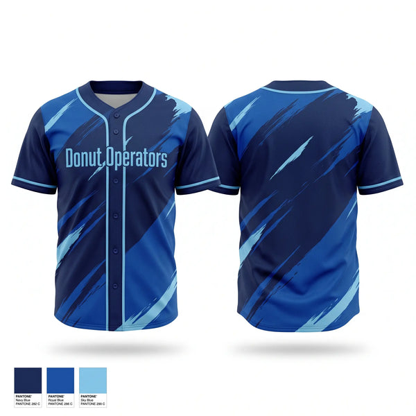 Full Button Baseball Jersey, Donut Operators, Baseball, Teamtime, Team time, sublimation, custom sports apparel, team uniforms, spirit wear, spiritwear, sports uniforms, custom shirts, team store, custom team store, fundraiser sports, apparel fundraiser