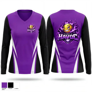 Womens Long Sleeve Vneck Shirt, Purple Havoc, Softball, Teamtime, Team time, sublimation, custom sports apparel, team uniforms, spirit wear, spiritwear, sports uniforms, custom shirts, team store, custom team store, fundraiser sports, apparel fundraiser
