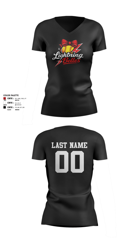 Womens Short Sleeve Vneck Shirt, Bluegrass Lightning Belles, Softball, Teamtime, Team time, sublimation, custom sports apparel, team uniforms, spirit wear, spiritwear, sports uniforms, custom shirts, team store, custom team store, fundraiser sports, apparel fundraiser