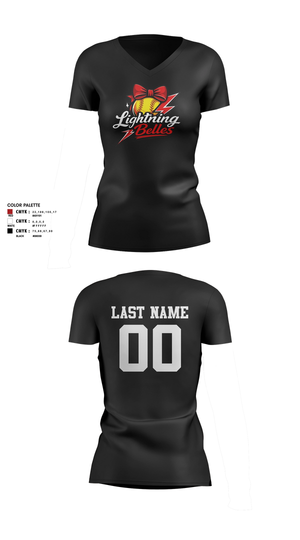 Womens Short Sleeve Vneck Shirt, Bluegrass Lightning Belles, Softball, Teamtime, Team time, sublimation, custom sports apparel, team uniforms, spirit wear, spiritwear, sports uniforms, custom shirts, team store, custom team store, fundraiser sports, apparel fundraiser