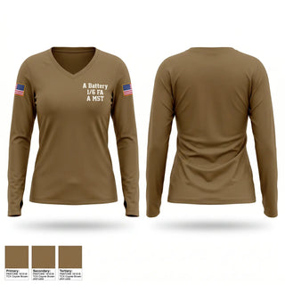 Womens Long Sleeve Vneck Shirt, A Battery, 1-6 FA, A MST, Army, Teamtime, Team time, sublimation, custom sports apparel, team uniforms, spirit wear, spiritwear, sports uniforms, custom shirts, team store, custom team store, fundraiser sports, apparel fundraiser