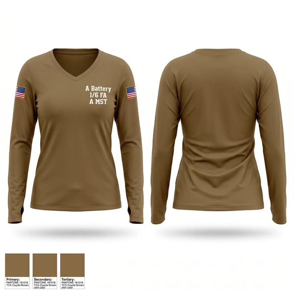 Womens Long Sleeve Vneck Shirt, A Battery, 1-6 FA, A MST, Army, Teamtime, Team time, sublimation, custom sports apparel, team uniforms, spirit wear, spiritwear, sports uniforms, custom shirts, team store, custom team store, fundraiser sports, apparel fundraiser