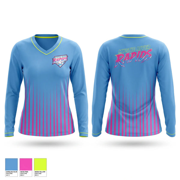 Womens Long Sleeve Vneck Shirt, Mystic River Rapids, Baseball, Teamtime, Team time, sublimation, custom sports apparel, team uniforms, spirit wear, spiritwear, sports uniforms, custom shirts, team store, custom team store, fundraiser sports, apparel fundraiser