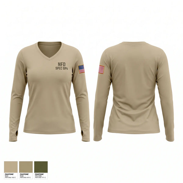 Womens Long Sleeve Vneck Shirt, NFD SPEC OPs, Fire Department, Teamtime, Team time, sublimation, custom sports apparel, team uniforms, spirit wear, spiritwear, sports uniforms, custom shirts, team store, custom team store, fundraiser sports, apparel fundraiser