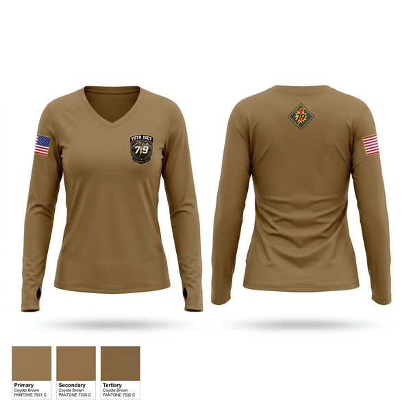 Womens Long Sleeve Vneck Shirt, HHC 79TH IBCT, National Guard, Teamtime, Team time, sublimation, custom sports apparel, team uniforms, spirit wear, spiritwear, sports uniforms, custom shirts, team store, custom team store, fundraiser sports, apparel fundraiser