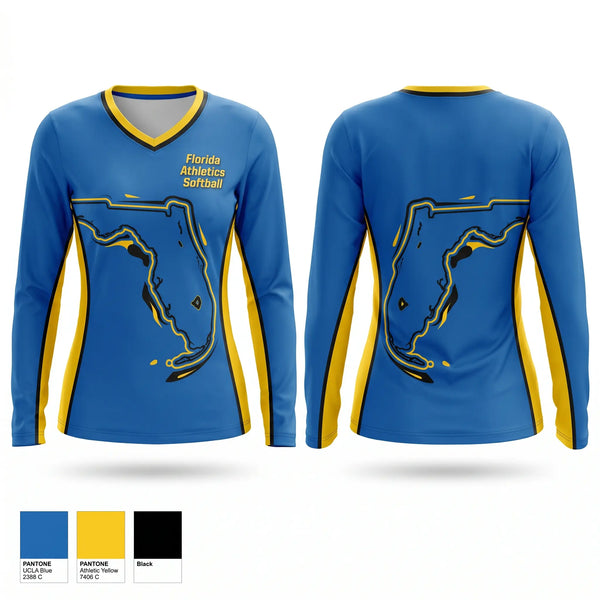 Womens Long Sleeve Vneck Shirt, Florida Athletics Softball, Softball, Teamtime, Team time, sublimation, custom sports apparel, team uniforms, spirit wear, spiritwear, sports uniforms, custom shirts, team store, custom team store, fundraiser sports, apparel fundraiser