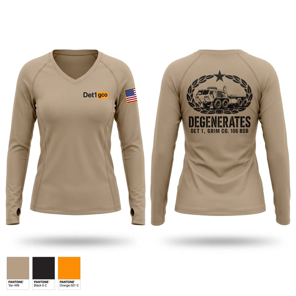 Womens Long Sleeve Vneck Shirt, Det 1, Grim 106 BSB, National Guard, Teamtime, Team time, sublimation, custom sports apparel, team uniforms, spirit wear, spiritwear, sports uniforms, custom shirts, team store, custom team store, fundraiser sports, apparel fundraiser