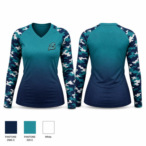 Womens Long Sleeve Vneck Shirt, Stars, Softball, Teamtime, Team time, sublimation, custom sports apparel, team uniforms, spirit wear, spiritwear, sports uniforms, custom shirts, team store, custom team store, fundraiser sports, apparel fundraiser