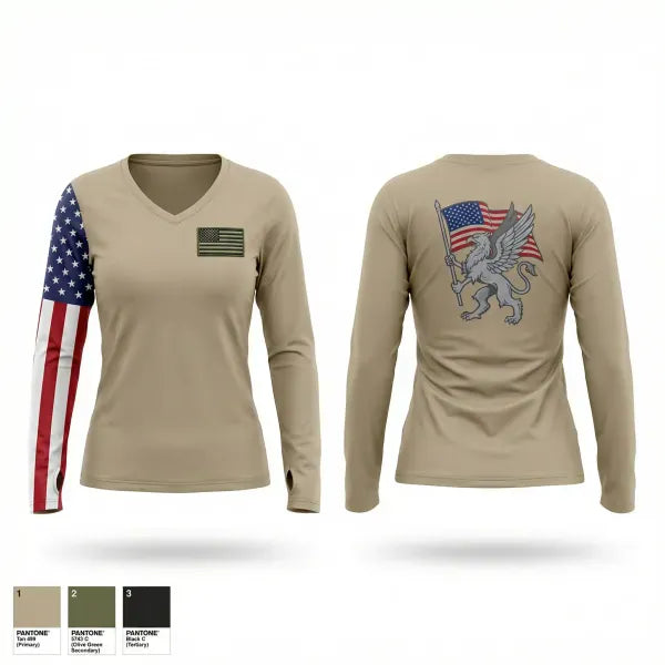 Womens Long Sleeve Vneck Shirt, 361 med log, Army, Teamtime, Team time, sublimation, custom sports apparel, team uniforms, spirit wear, spiritwear, sports uniforms, custom shirts, team store, custom team store, fundraiser sports, apparel fundraiser