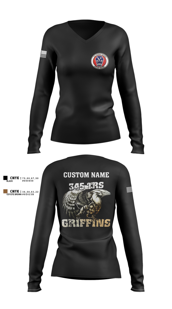 Womens Long Sleeve Vneck Shirt, 345th TRS, , Teamtime, Team time, sublimation, custom sports apparel, team uniforms, spirit wear, spiritwear, sports uniforms, custom shirts, team store, custom team store, fundraiser sports, apparel fundraiser