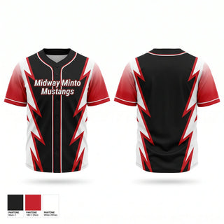 Full Button Baseball Jersey, Midway Minto Mustangs, Baseball, Teamtime, Team time, sublimation, custom sports apparel, team uniforms, spirit wear, spiritwear, sports uniforms, custom shirts, team store, custom team store, fundraiser sports, apparel fundraiser