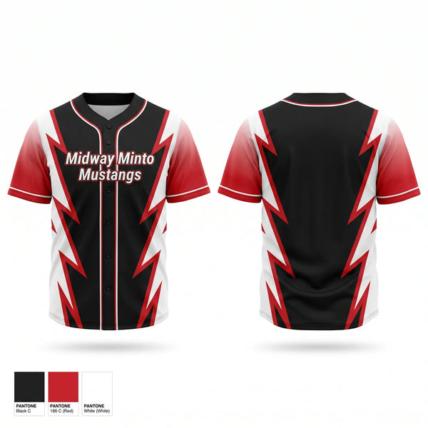 Full Button Baseball Jersey, Midway Minto Mustangs, Baseball, Teamtime, Team time, sublimation, custom sports apparel, team uniforms, spirit wear, spiritwear, sports uniforms, custom shirts, team store, custom team store, fundraiser sports, apparel fundraiser
