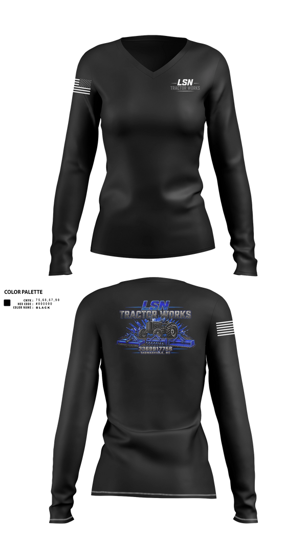 Womens Long Sleeve Vneck Shirt, LSN Tractor Works, Police, Teamtime, Team time, sublimation, custom sports apparel, team uniforms, spirit wear, spiritwear, sports uniforms, custom shirts, team store, custom team store, fundraiser sports, apparel fundraiser