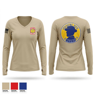 Womens Long Sleeve Vneck Shirt, Pershing Doughboy Battalion, Army, Teamtime, Team time, sublimation, custom sports apparel, team uniforms, spirit wear, spiritwear, sports uniforms, custom shirts, team store, custom team store, fundraiser sports, apparel fundraiser