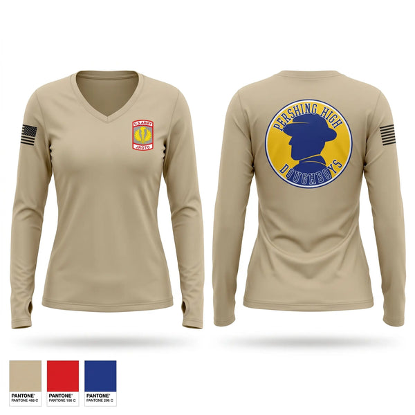 Womens Long Sleeve Vneck Shirt, Pershing Doughboy Battalion, Army, Teamtime, Team time, sublimation, custom sports apparel, team uniforms, spirit wear, spiritwear, sports uniforms, custom shirts, team store, custom team store, fundraiser sports, apparel fundraiser
