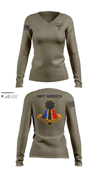 Womens Long Sleeve Vneck Shirt, 194th AR BDE HRT Medics, Army, Teamtime, Team time, sublimation, custom sports apparel, team uniforms, spirit wear, spiritwear, sports uniforms, custom shirts, team store, custom team store, fundraiser sports, apparel fundraiser