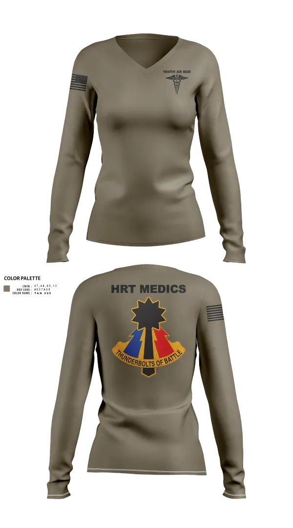 Womens Long Sleeve Vneck Shirt, 194th AR BDE HRT Medics, Army, Teamtime, Team time, sublimation, custom sports apparel, team uniforms, spirit wear, spiritwear, sports uniforms, custom shirts, team store, custom team store, fundraiser sports, apparel fundraiser