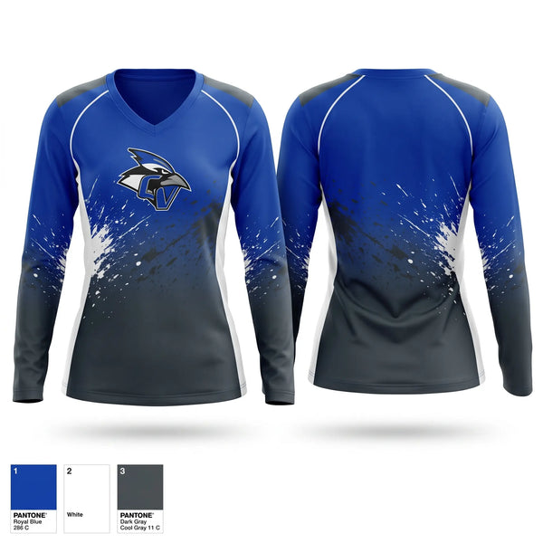 Womens Long Sleeve Vneck Shirt, Conemaugh Valley Bluejays Football, Spirit Store, Teamtime, Team time, sublimation, custom sports apparel, team uniforms, spirit wear, spiritwear, sports uniforms, custom shirts, team store, custom team store, fundraiser sports, apparel fundraiser