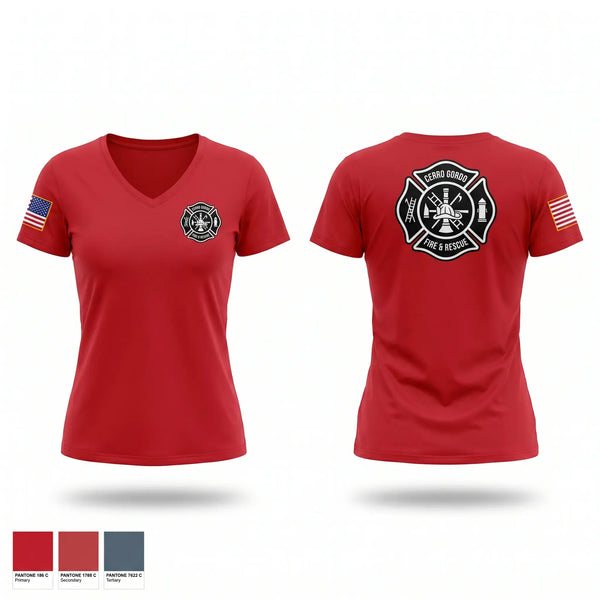 Womens Short Sleeve Vneck Shirt, Cerro Gordo Fire Rescue, EMS/EMT, Teamtime, Team time, sublimation, custom sports apparel, team uniforms, spirit wear, spiritwear, sports uniforms, custom shirts, team store, custom team store, fundraiser sports, apparel fundraiser