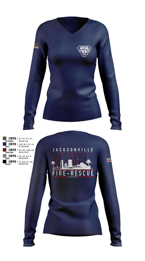 Womens Long Sleeve Vneck Shirt, JFRD Critical Care Team, Fire Department, Teamtime, Team time, sublimation, custom sports apparel, team uniforms, spirit wear, spiritwear, sports uniforms, custom shirts, team store, custom team store, fundraiser sports, apparel fundraiser
