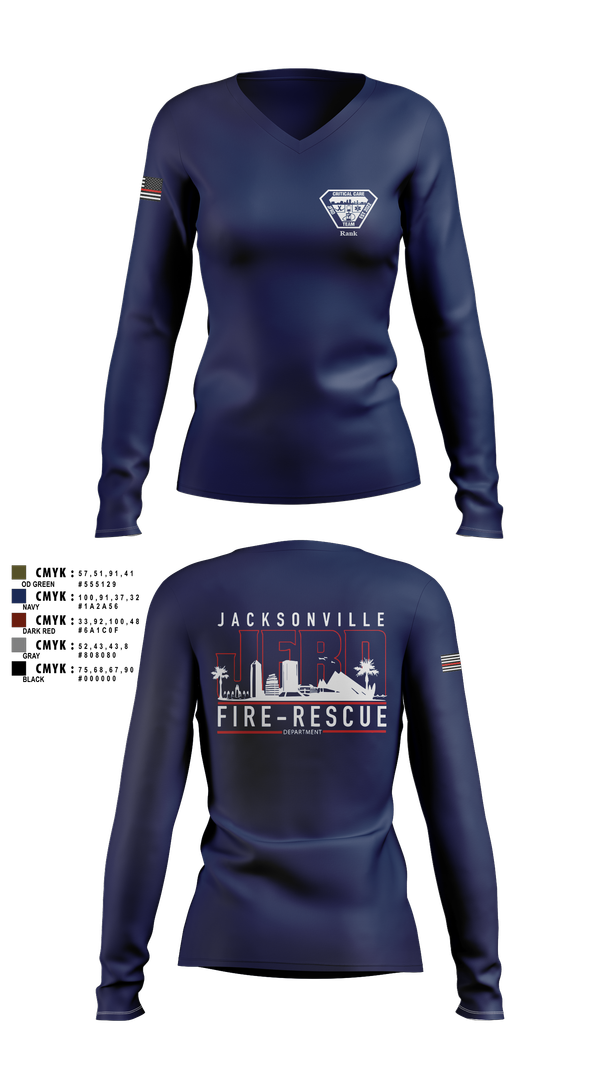 Womens Long Sleeve Vneck Shirt, JFRD Critical Care Team, Fire Department, Teamtime, Team time, sublimation, custom sports apparel, team uniforms, spirit wear, spiritwear, sports uniforms, custom shirts, team store, custom team store, fundraiser sports, apparel fundraiser