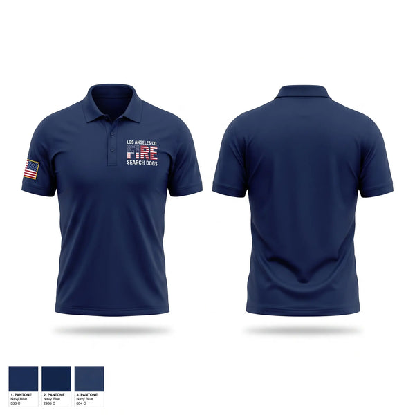 Short Sleeve Performance Polo, La County Fire Search Dogs, Fire Department, Teamtime, Team time, sublimation, custom sports apparel, team uniforms, spirit wear, spiritwear, sports uniforms, custom shirts, team store, custom team store, fundraiser sports, apparel fundraiser