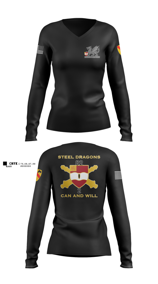Womens Long Sleeve Vneck Shirt, 2nd Battalion 82nd Field Artillery “Steel Dragon”, Army, Teamtime, Team time, sublimation, custom sports apparel, team uniforms, spirit wear, spiritwear, sports uniforms, custom shirts, team store, custom team store, fundraiser sports, apparel fundraiser
