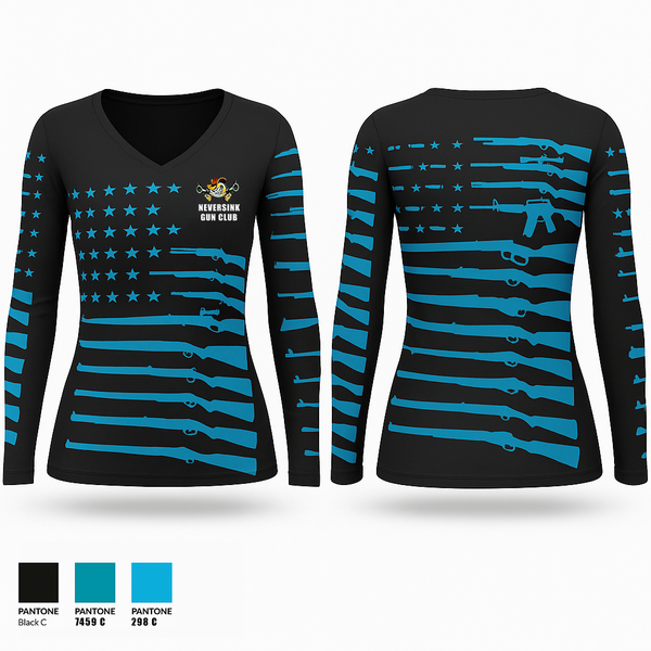 Womens Long Sleeve Vneck Shirt, Neversink Gun Club, Spirit Store, Teamtime, Team time, sublimation, custom sports apparel, team uniforms, spirit wear, spiritwear, sports uniforms, custom shirts, team store, custom team store, fundraiser sports, apparel fundraiser