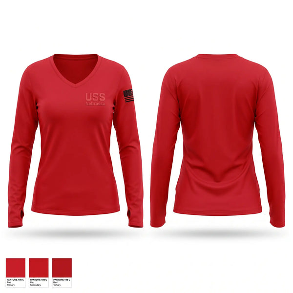 Womens Long Sleeve Vneck Shirt, USS Nebraska, Navy, Teamtime, Team time, sublimation, custom sports apparel, team uniforms, spirit wear, spiritwear, sports uniforms, custom shirts, team store, custom team store, fundraiser sports, apparel fundraiser