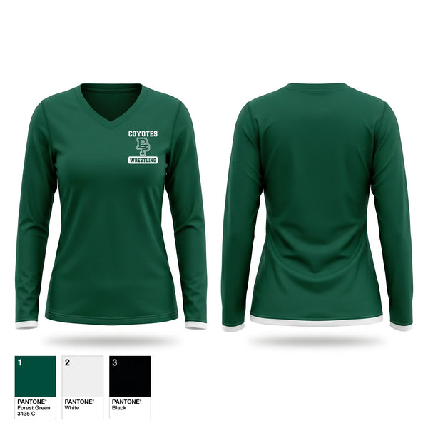 Womens Long Sleeve Vneck Shirt, Buena Park High School Wrestling, Wrestling, Teamtime, Team time, sublimation, custom sports apparel, team uniforms, spirit wear, spiritwear, sports uniforms, custom shirts, team store, custom team store, fundraiser sports, apparel fundraiser