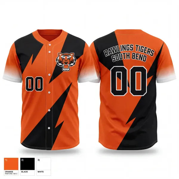 Full Button Baseball Jersey, Rawlings Tigers South Bend, Baseball, Teamtime, Team time, sublimation, custom sports apparel, team uniforms, spirit wear, spiritwear, sports uniforms, custom shirts, team store, custom team store, fundraiser sports, apparel fundraiser