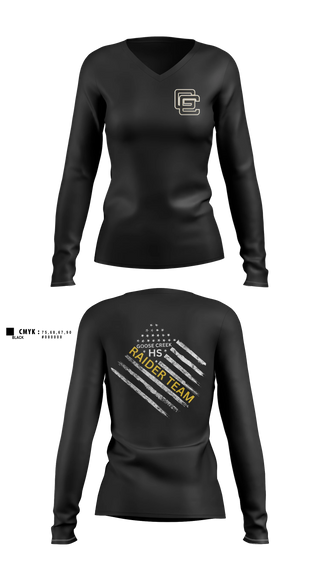 Womens Long Sleeve Vneck Shirt, Goose Creek high school JROTC, Bowling, Teamtime, Team time, sublimation, custom sports apparel, team uniforms, spirit wear, spiritwear, sports uniforms, custom shirts, team store, custom team store, fundraiser sports, apparel fundraiser