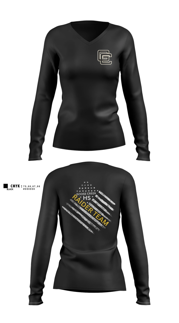 Womens Long Sleeve Vneck Shirt, Goose Creek high school JROTC, Bowling, Teamtime, Team time, sublimation, custom sports apparel, team uniforms, spirit wear, spiritwear, sports uniforms, custom shirts, team store, custom team store, fundraiser sports, apparel fundraiser
