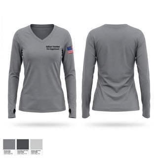 Womens Long Sleeve Vneck Shirt, Addison Volunteer Fire Department, Fire Department, Teamtime, Team time, sublimation, custom sports apparel, team uniforms, spirit wear, spiritwear, sports uniforms, custom shirts, team store, custom team store, fundraiser sports, apparel fundraiser