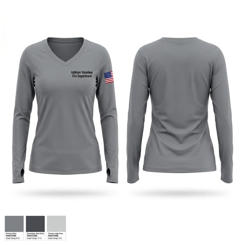 Womens Long Sleeve Vneck Shirt, Addison Volunteer Fire Department, Fire Department, Teamtime, Team time, sublimation, custom sports apparel, team uniforms, spirit wear, spiritwear, sports uniforms, custom shirts, team store, custom team store, fundraiser sports, apparel fundraiser