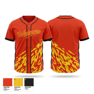 Full Button Baseball Jersey, Volcanoes, Baseball, Teamtime, Team time, sublimation, custom sports apparel, team uniforms, spirit wear, spiritwear, sports uniforms, custom shirts, team store, custom team store, fundraiser sports, apparel fundraiser