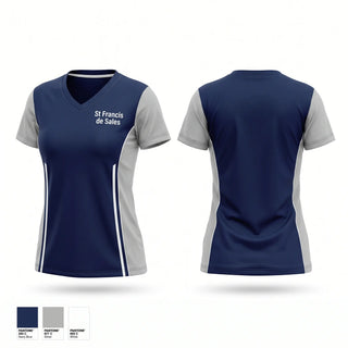 Womens Short Sleeve Vneck Shirt, St. Francis de Sales, Cross Country, Teamtime, Team time, sublimation, custom sports apparel, team uniforms, spirit wear, spiritwear, sports uniforms, custom shirts, team store, custom team store, fundraiser sports, apparel fundraiser