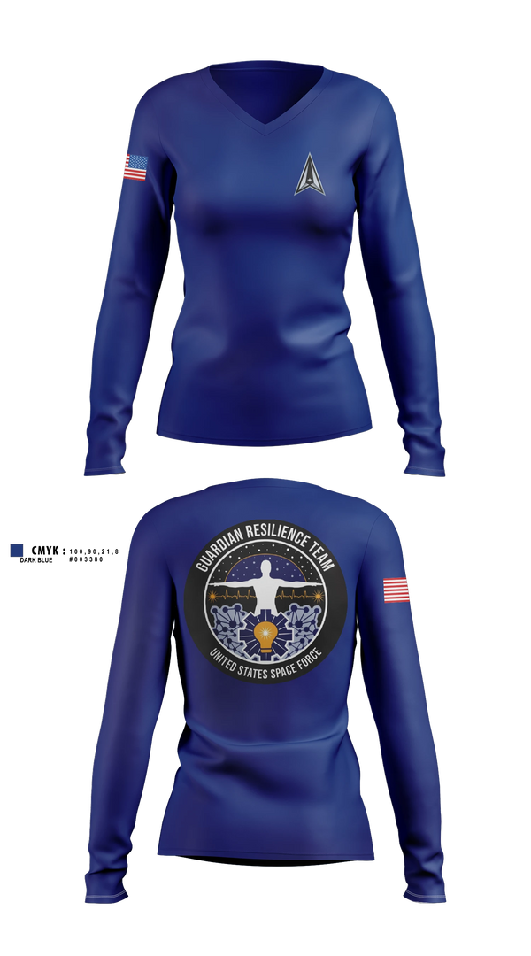 Womens Long Sleeve Vneck Shirt, Guardian Resilience Team, Space Force, Teamtime, Team time, sublimation, custom sports apparel, team uniforms, spirit wear, spiritwear, sports uniforms, custom shirts, team store, custom team store, fundraiser sports, apparel fundraiser