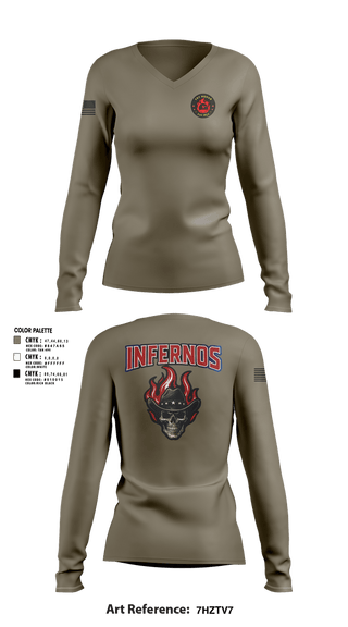 Womens Long Sleeve Vneck Shirt, 1st Squad Infernos, Army, Teamtime, Team time, sublimation, custom sports apparel, team uniforms, spirit wear, spiritwear, sports uniforms, custom shirts, team store, custom team store, fundraiser sports, apparel fundraiser