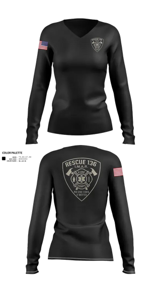 Womens Long Sleeve Vneck Shirt, Rescue 136, Fire Department, Teamtime, Team time, sublimation, custom sports apparel, team uniforms, spirit wear, spiritwear, sports uniforms, custom shirts, team store, custom team store, fundraiser sports, apparel fundraiser