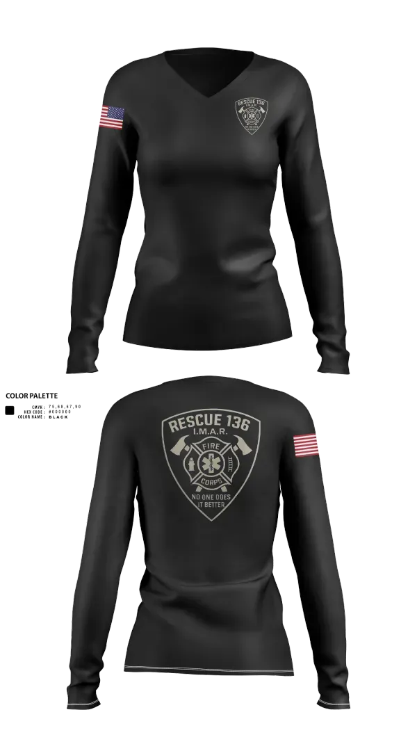 Womens Long Sleeve Vneck Shirt, Rescue 136, Fire Department, Teamtime, Team time, sublimation, custom sports apparel, team uniforms, spirit wear, spiritwear, sports uniforms, custom shirts, team store, custom team store, fundraiser sports, apparel fundraiser