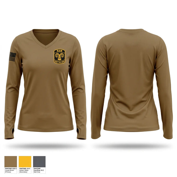 Womens Long Sleeve Vneck Shirt, Ram battalion, Army, Teamtime, Team time, sublimation, custom sports apparel, team uniforms, spirit wear, spiritwear, sports uniforms, custom shirts, team store, custom team store, fundraiser sports, apparel fundraiser