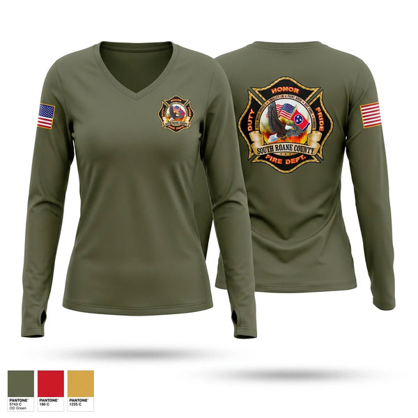 Womens Long Sleeve Vneck Shirt, South Roane County, Fire Department, Teamtime, Team time, sublimation, custom sports apparel, team uniforms, spirit wear, spiritwear, sports uniforms, custom shirts, team store, custom team store, fundraiser sports, apparel fundraiser