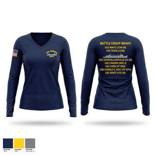 Womens Long Sleeve Vneck Shirt, BATTLE GROUP BRAVO, Navy, Teamtime, Team time, sublimation, custom sports apparel, team uniforms, spirit wear, spiritwear, sports uniforms, custom shirts, team store, custom team store, fundraiser sports, apparel fundraiser