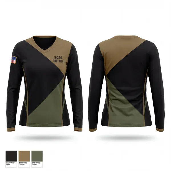 Womens Long Sleeve Vneck Shirt, 503d MP BN, Army, Teamtime, Team time, sublimation, custom sports apparel, team uniforms, spirit wear, spiritwear, sports uniforms, custom shirts, team store, custom team store, fundraiser sports, apparel fundraiser