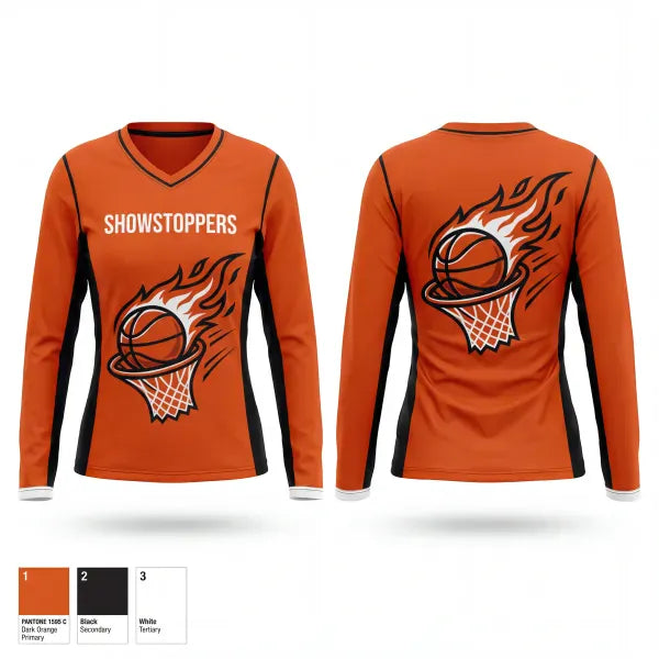 Womens Long Sleeve Vneck Shirt, SHOWSTOPPERS, Men's Basketball, Teamtime, Team time, sublimation, custom sports apparel, team uniforms, spirit wear, spiritwear, sports uniforms, custom shirts, team store, custom team store, fundraiser sports, apparel fundraiser